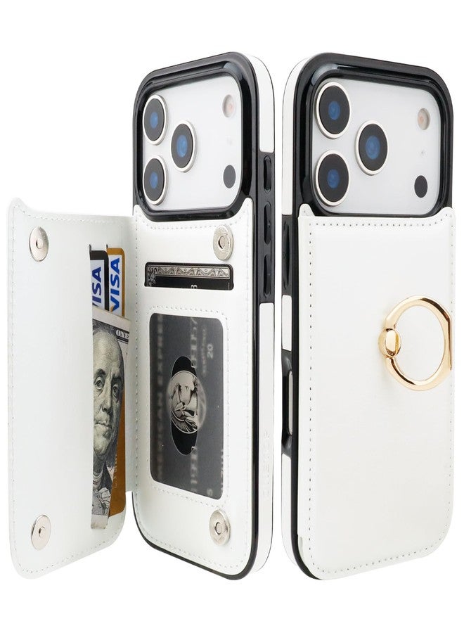 OT ONETOP جراب محفظة ONETOP لهاتف iPhone 17 Pro مع حامل بطاقات، وحامل حلقي دوار 360 درجة، وغطاء من الجلد الصناعي PU مقاوم للصدمات مع مشبك مغناطيسي مزدوج، ومزود بحماية من تقنية RFID، مناسب للنساء والفتيات، مقاس 6.3 بوصة (أبيض). - Image 1