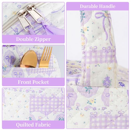 WOBAGMEN Quilted Lunch Box for Women,Coquette Aesthetic Lunch Box for Teen Girls,Cute Purple Bow Floral Lunch Bags for Work, School,Office,Picnic,Travel (Purple Bow Floral) - Image 3