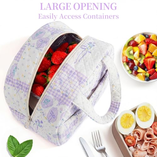 WOBAGMEN Quilted Lunch Box for Women,Coquette Aesthetic Lunch Box for Teen Girls,Cute Purple Bow Floral Lunch Bags for Work, School,Office,Picnic,Travel (Purple Bow Floral) - Image 5