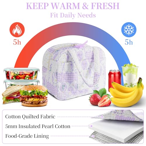 WOBAGMEN Quilted Lunch Box for Women,Coquette Aesthetic Lunch Box for Teen Girls,Cute Purple Bow Floral Lunch Bags for Work, School,Office,Picnic,Travel (Purple Bow Floral) - Image 4