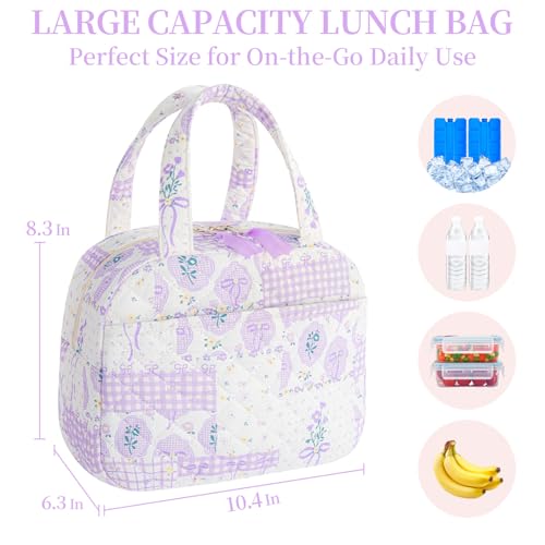 WOBAGMEN Quilted Lunch Box for Women,Coquette Aesthetic Lunch Box for Teen Girls,Cute Purple Bow Floral Lunch Bags for Work, School,Office,Picnic,Travel (Purple Bow Floral) - Image 2