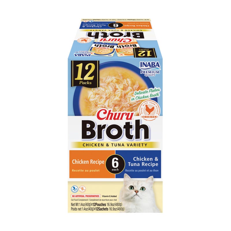 INABA Churu Broth for Cats, Side Dish Pouch, 1.4 Ounces per Pouch, 12 Pouches, Chicken and Tuna Variety - Image 1