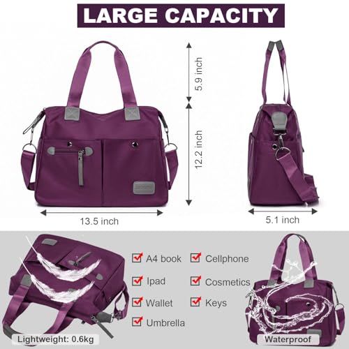 YouNuo Women's Tote Bag with Multiple Pockets & Zipper, Nylon, Purple 1 - Image 4