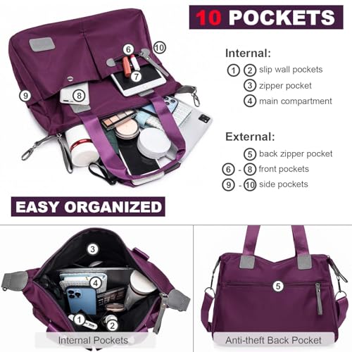 YouNuo Women's Tote Bag with Multiple Pockets & Zipper, Nylon, Purple 1 - Image 5