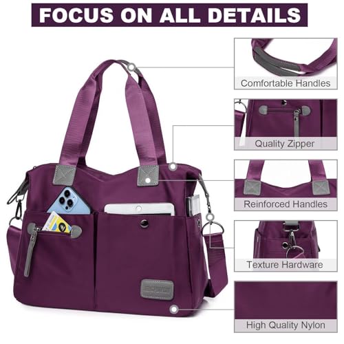 YouNuo Women's Tote Bag with Multiple Pockets & Zipper, Nylon, Purple 1 - Image 3