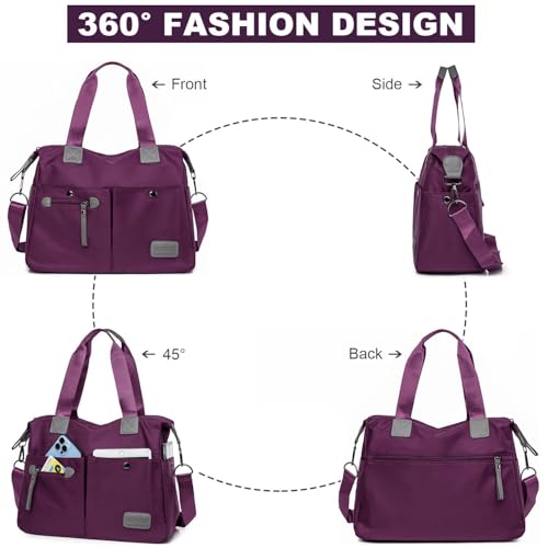 YouNuo Women's Tote Bag with Multiple Pockets & Zipper, Nylon, Purple 1 - Image 2
