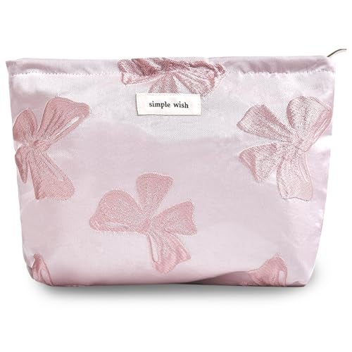 Sminra Pink Bow Makeup Bag for Purse Zipper - Large Capacity Canvas Cosmetic Organizer, Coquette Preppy Travel Toiletry Pouch for Women and Girls Gift Idea - Image 1