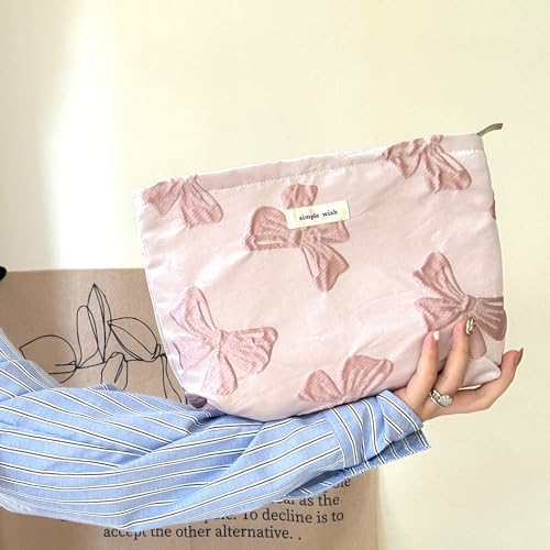 Sminra Pink Bow Makeup Bag for Purse Zipper - Large Capacity Canvas Cosmetic Organizer, Coquette Preppy Travel Toiletry Pouch for Women and Girls Gift Idea - Image 2