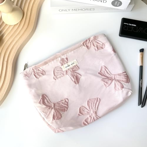 Sminra Pink Bow Makeup Bag for Purse Zipper - Large Capacity Canvas Cosmetic Organizer, Coquette Preppy Travel Toiletry Pouch for Women and Girls Gift Idea - Image 3