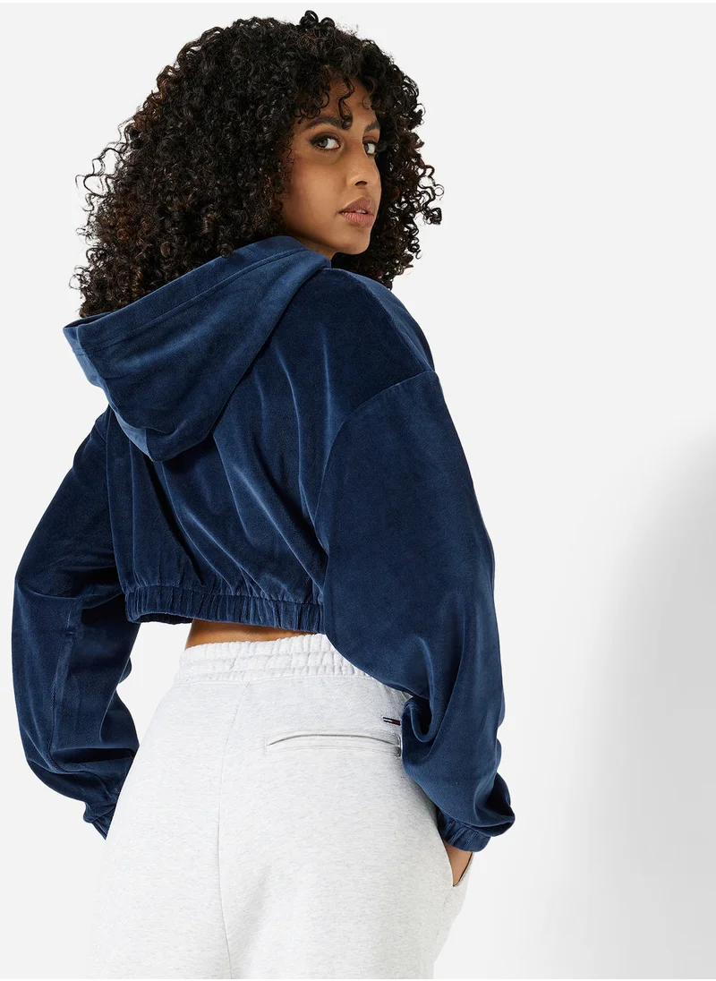 تومي جينز Velour Zip Through Cropped Hoodie