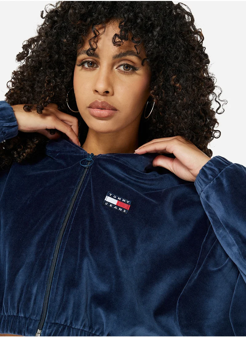 تومي جينز Velour Zip Through Cropped Hoodie