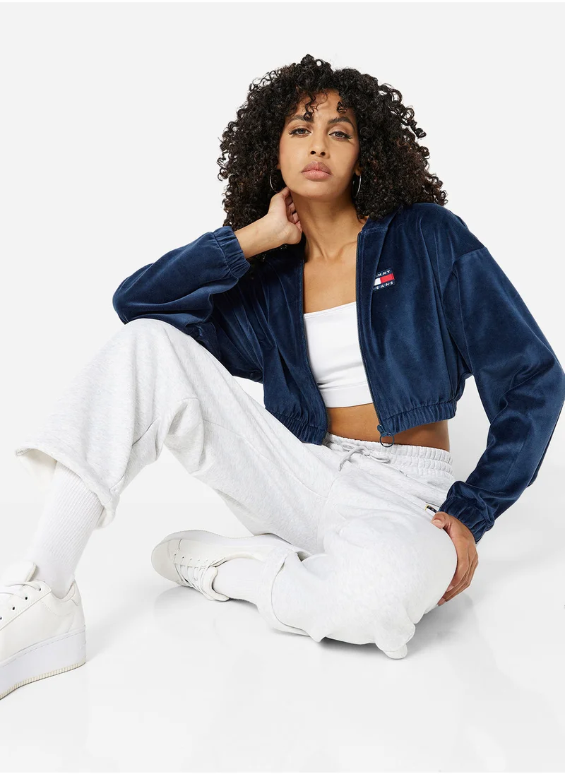 تومي جينز Velour Zip Through Cropped Hoodie