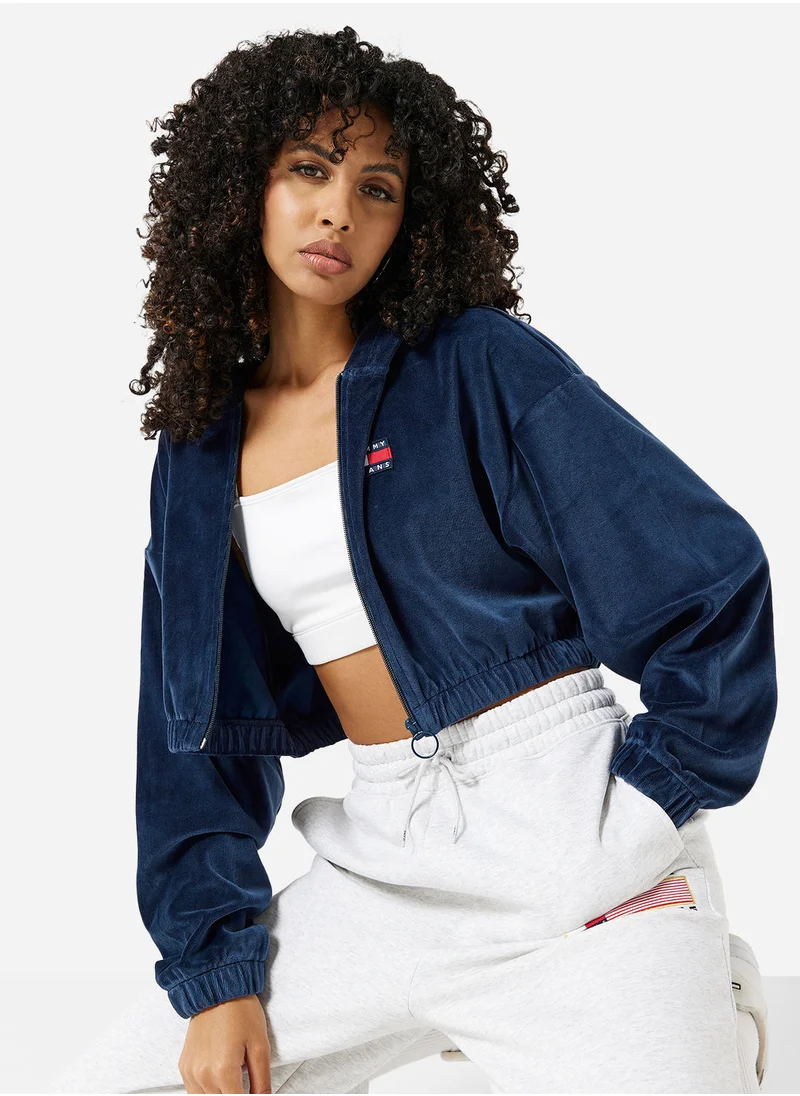 تومي جينز Velour Zip Through Cropped Hoodie