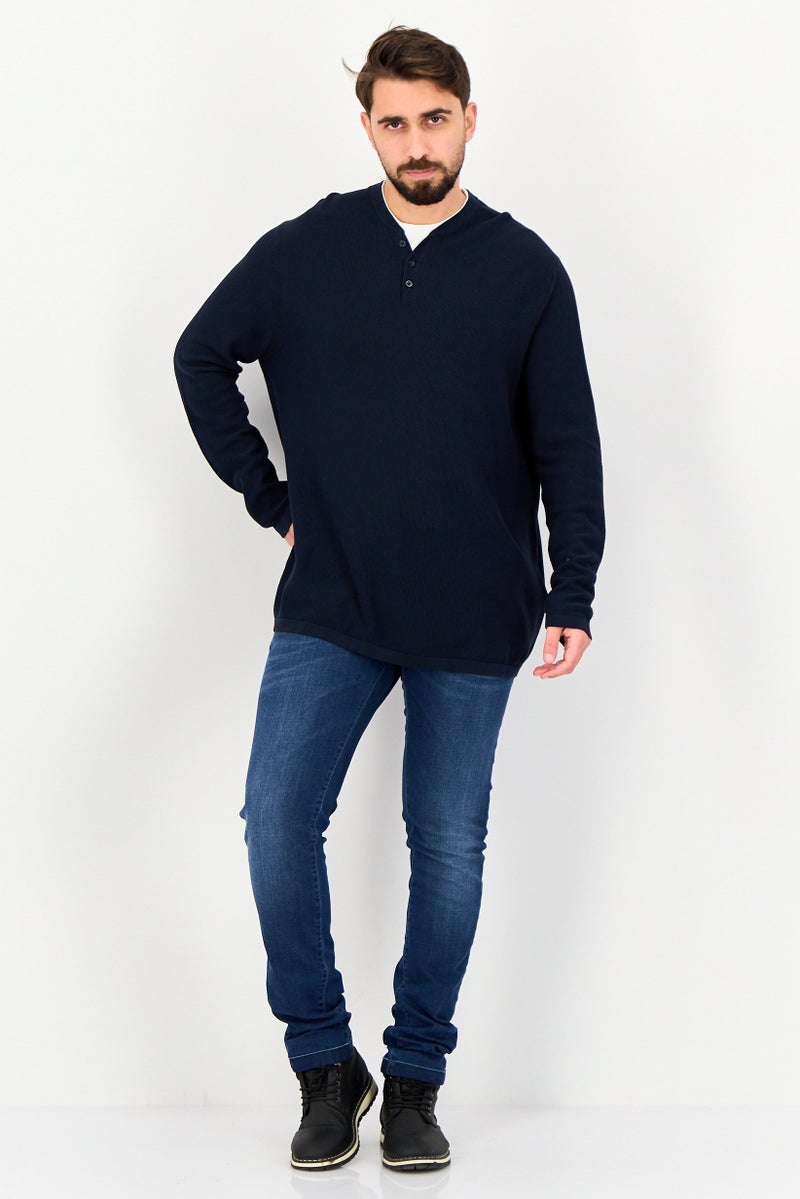 Celio سويت شيرت رجالي بأكمام طويلة وياقة دائرية، مزخرف، أزرق داكن - Image 2