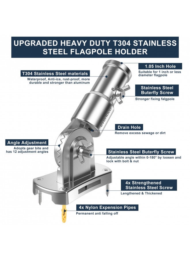 evertoco evertoco Heavy Duty T304 Stainless Steel Flag Pole Bracket - 180° Adjustable Flag Pole Holder for House with Two Installation Methods, Flag Holder for 1" Inner Diameter Pole, Wind Resistant &Rust Free  - Image 3