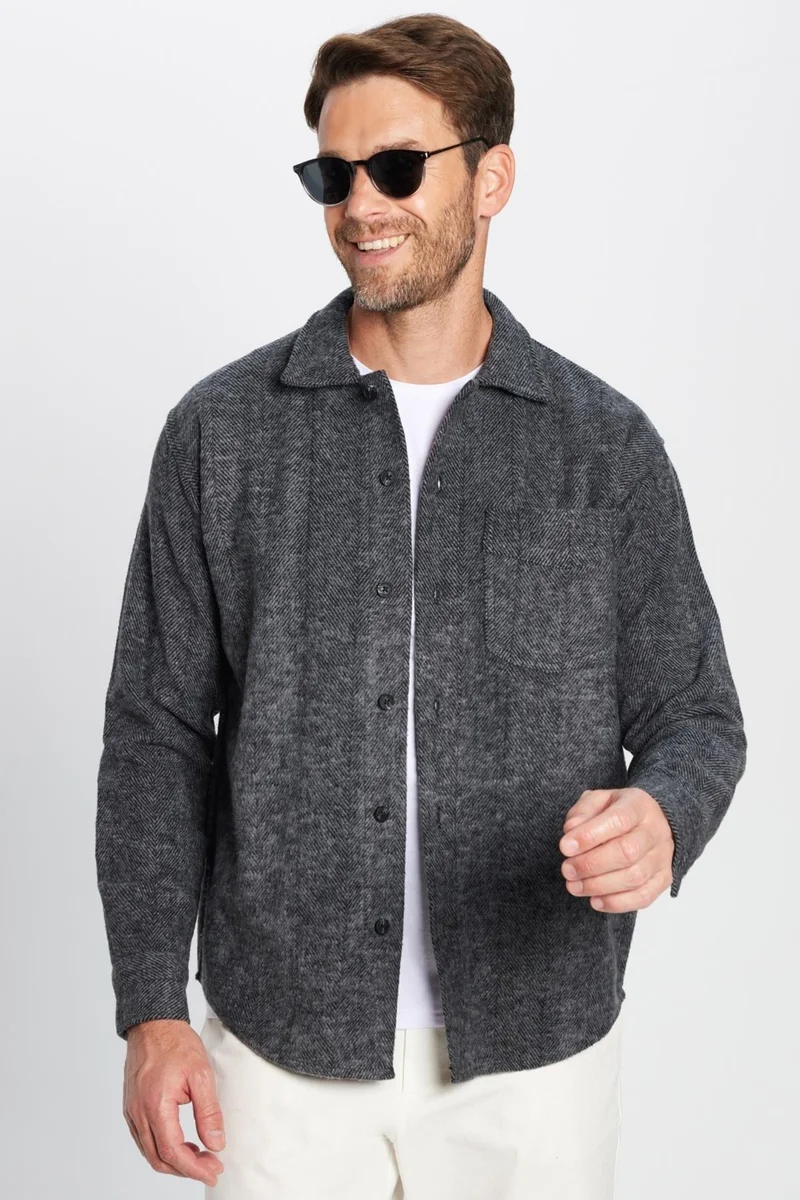 Tudors Men's Relax Fit Casual Cut Lumberjack Collar Single Pocket Flap Dobby Anthracite Color Winter Shirt