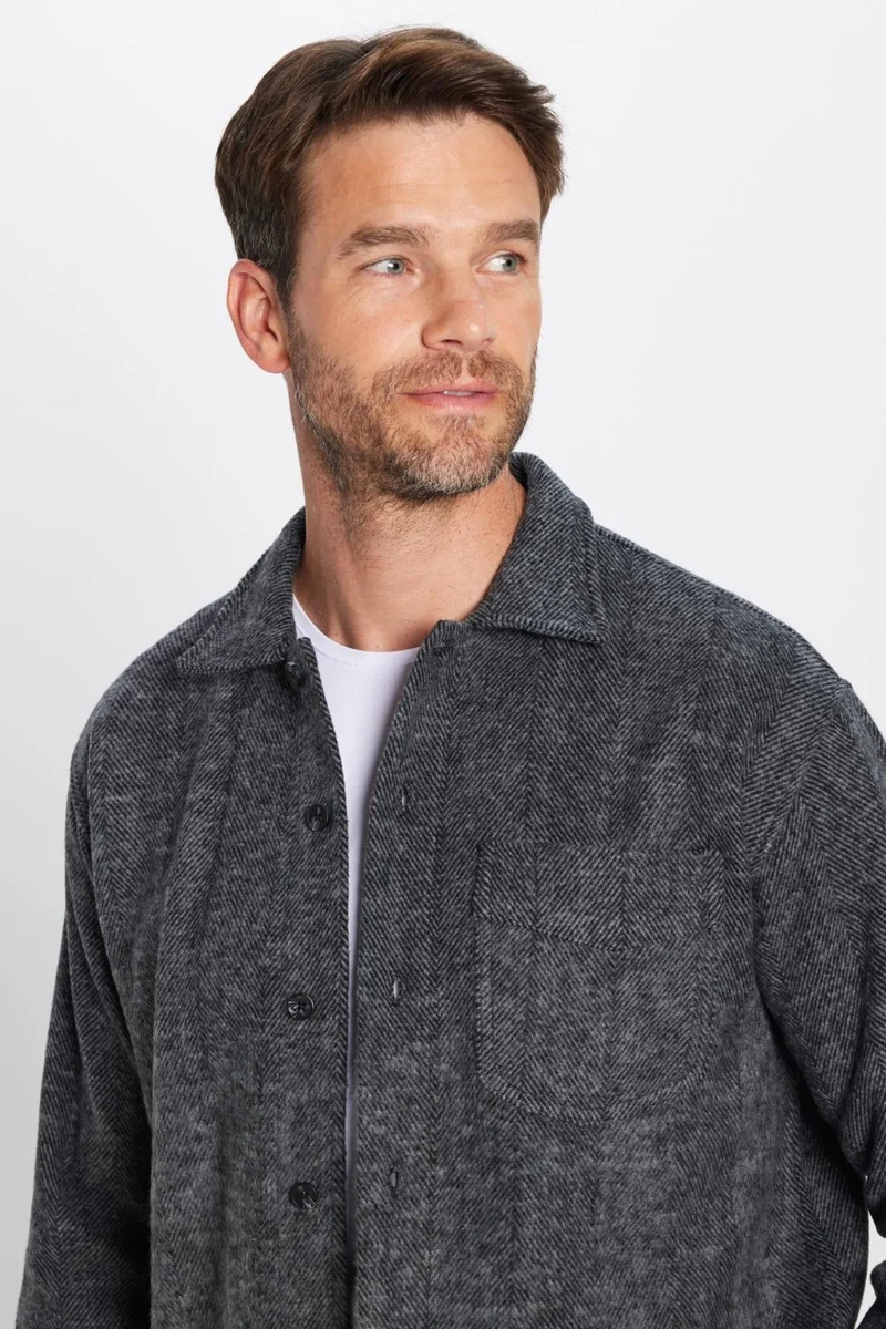 Tudors Men's Relax Fit Casual Cut Lumberjack Collar Single Pocket Flap Dobby Anthracite Color Winter Shirt