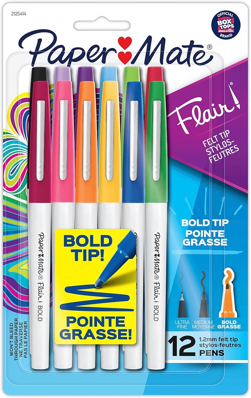 Papermate Flair Felt Tip Pens, Bold Tip (1.2 mm), Assorted Colors, 12 Count - Image 1