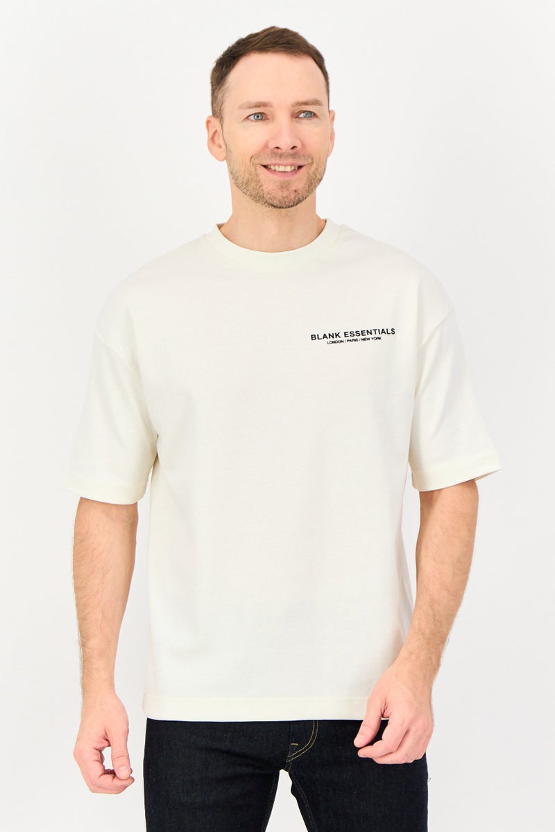 Blank Essentials Men Crew Neck Short Sleeve Brand Logo T-Shirt, Off White - Image 1