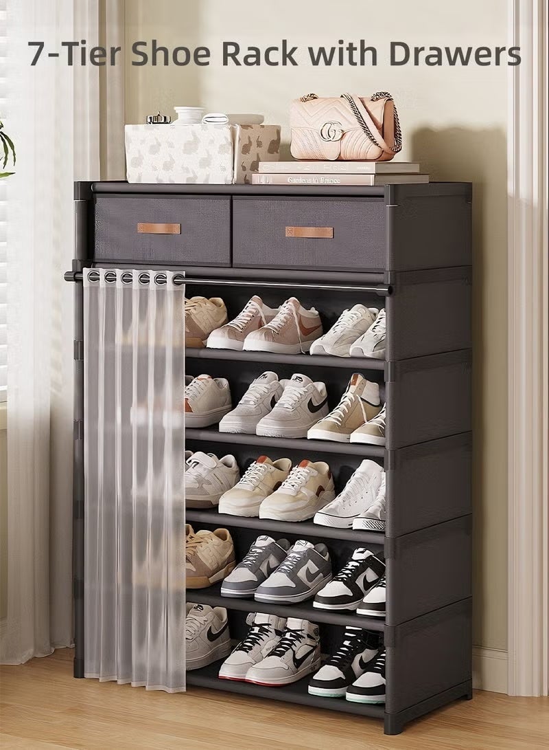 7 Tier Shoe Rack Shoe Cabinet With Drawers And Dustproof Curtain Vertical Shoe Storage Organizer For Entryway Hallway Apartment Freestanding Multi Layer Shoe Shelf For Up To 20 Pairs