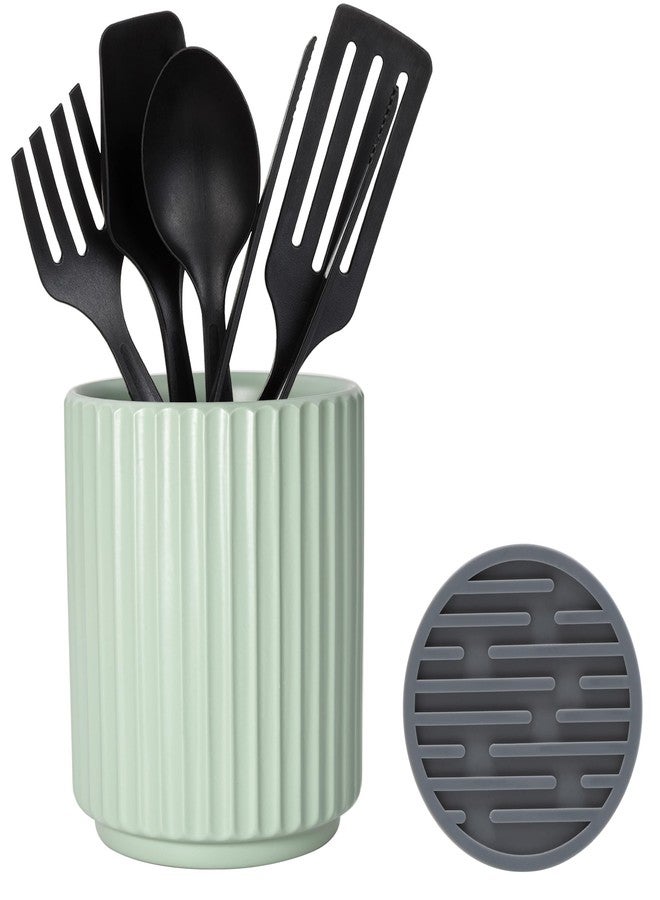 MONOSUGO Small Utensil Holder for Kitchen Counter (H5.51” x W4.92”) Ceramic Countertop Utensil Holder for Kitchen Utensils Crock for Countertop Includes Silicone Drying Mat Green - Image 1