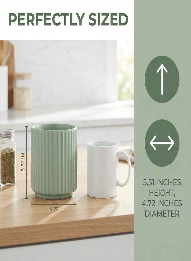MONOSUGO Small Utensil Holder for Kitchen Counter (H5.51” x W4.92”) Ceramic Countertop Utensil Holder for Kitchen Utensils Crock for Countertop Includes Silicone Drying Mat Green - Image 2