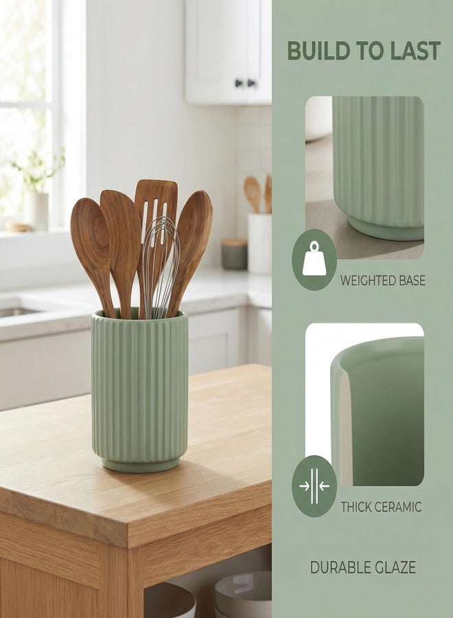 MONOSUGO Small Utensil Holder for Kitchen Counter (H5.51” x W4.92”) Ceramic Countertop Utensil Holder for Kitchen Utensils Crock for Countertop Includes Silicone Drying Mat Green - Image 4