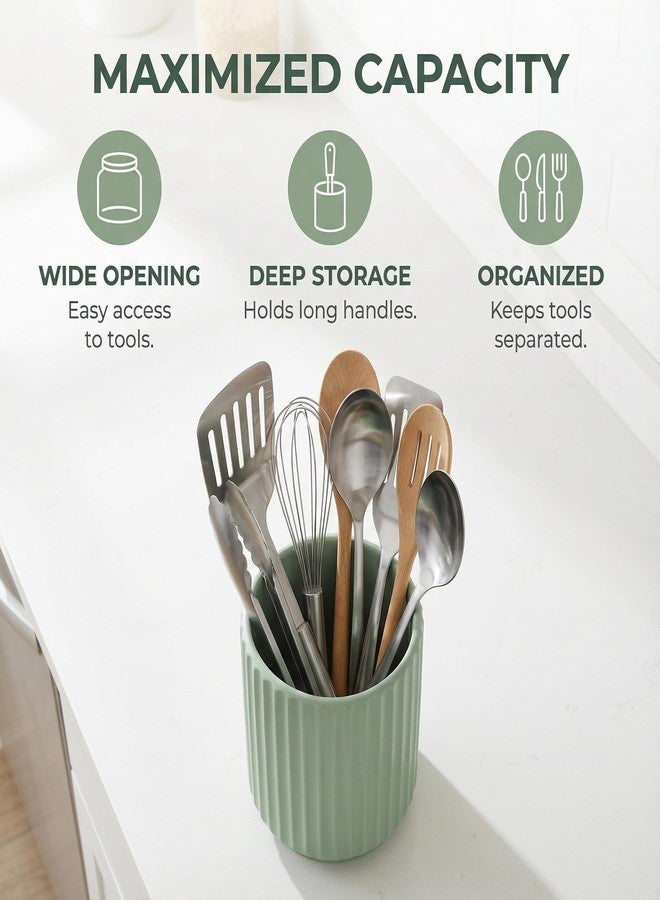 MONOSUGO Small Utensil Holder for Kitchen Counter (H5.51” x W4.92”) Ceramic Countertop Utensil Holder for Kitchen Utensils Crock for Countertop Includes Silicone Drying Mat Green - Image 5