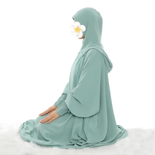khalat Muslim Prayer Dress Abaya Solid One-Piece Hoodie Abaya Dress for Women Long Maxi Dress Islamic Dubai Jilbab Light Green - Image 5