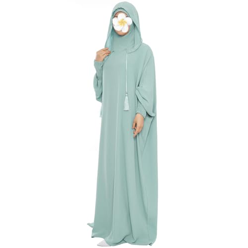 khalat Muslim Prayer Dress Abaya Solid One-Piece Hoodie Abaya Dress for Women Long Maxi Dress Islamic Dubai Jilbab Light Green - Image 2