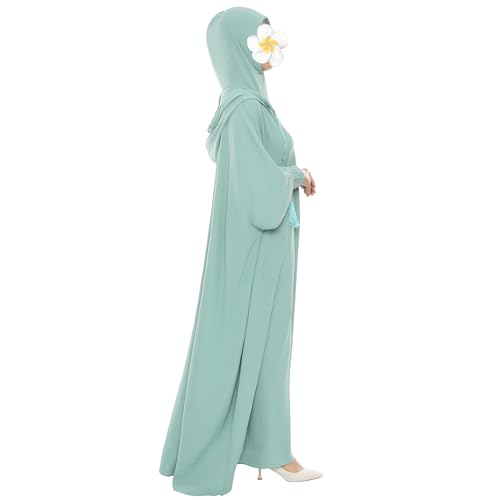 khalat Muslim Prayer Dress Abaya Solid One-Piece Hoodie Abaya Dress for Women Long Maxi Dress Islamic Dubai Jilbab Light Green - Image 3