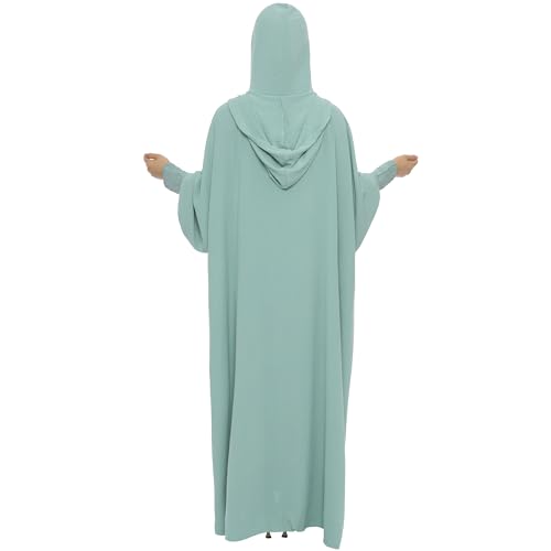 khalat Muslim Prayer Dress Abaya Solid One-Piece Hoodie Abaya Dress for Women Long Maxi Dress Islamic Dubai Jilbab Light Green - Image 4