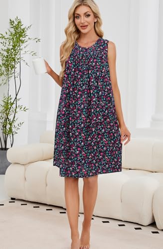 POGTMM Women Night Dress Daily Wear Dress Sleeveless Casual Summer House Dress with Pockets (XL, A-Navy Blue) - Image 4
