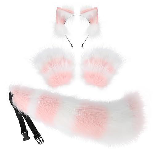 JUNBOON Faux Fur Cat Ears and Wolf Fox Tail Set Adult Kids Claw Glove Kit for Halloween Anime Cosplay Party - Image 1