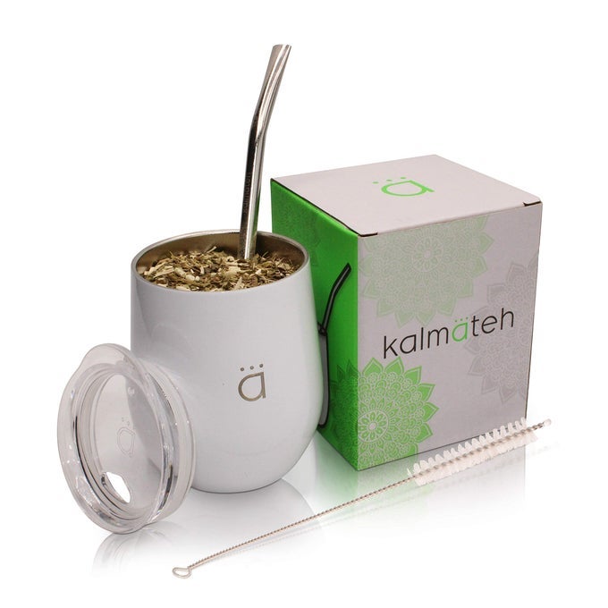 YERBA MATE GOURD DOUBLE WALLED STAINLESS STEEL WITH BPA FREE LID BOMBILLA FILTER STRAW BOMBILLA CLEANER WHITE 8 OZ