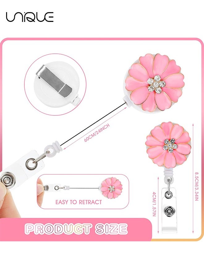 2 Pack Retractable Badge Holder - ID Badge Holder with Camellia, Bling Rhinestone Retractable Badge Reel - for Nurses Doctors Office（White/Pink）