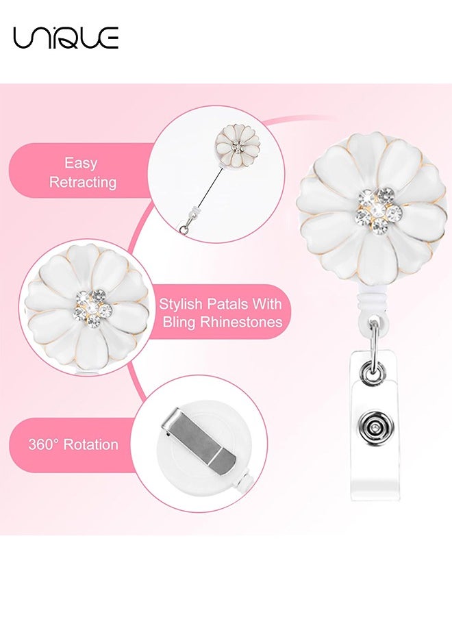 2 Pack Retractable Badge Holder - ID Badge Holder with Camellia, Bling Rhinestone Retractable Badge Reel - for Nurses Doctors Office（White/Pink）