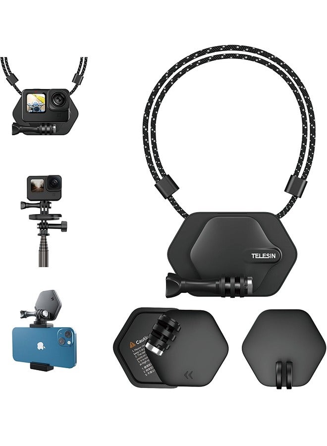 TELESIN TELESIN Magnetic Chest Mount with Neck Strap + Phone Holder + Magnet Tripod Quick Release Base for GoPro Max 12 11 10 Insta360 DJI Action Accessories - Image 1