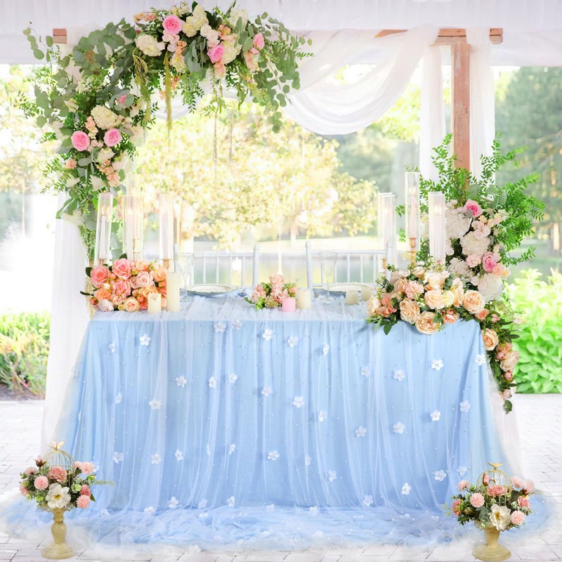 LuoluoHouse White Pearl Tulle Tablecloth: 10ft Flower Pearl Table Runner Tulle Fabric Wedding Lace Tablecloth Arch for Bridal Shower Veil Baby Shower Sweetheart Table Decorations - Image 2