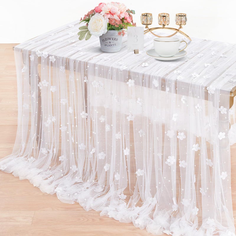 LuoluoHouse White Pearl Tulle Tablecloth: 10ft Flower Pearl Table Runner Tulle Fabric Wedding Lace Tablecloth Arch for Bridal Shower Veil Baby Shower Sweetheart Table Decorations - Image 4