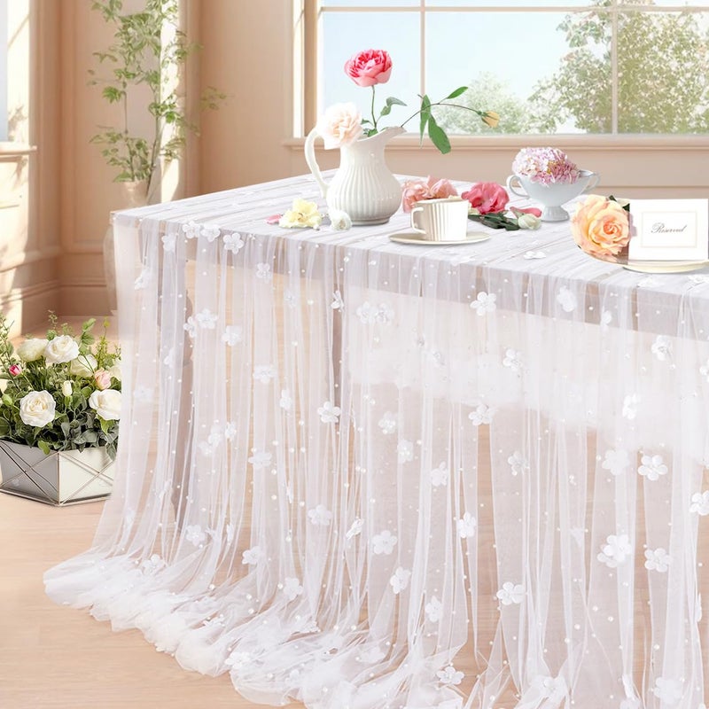 LuoluoHouse White Pearl Tulle Tablecloth: 10ft Flower Pearl Table Runner Tulle Fabric Wedding Lace Tablecloth Arch for Bridal Shower Veil Baby Shower Sweetheart Table Decorations - Image 1