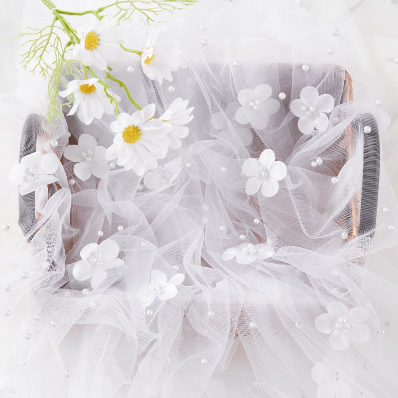 LuoluoHouse White Pearl Tulle Tablecloth: 10ft Flower Pearl Table Runner Tulle Fabric Wedding Lace Tablecloth Arch for Bridal Shower Veil Baby Shower Sweetheart Table Decorations - Image 5