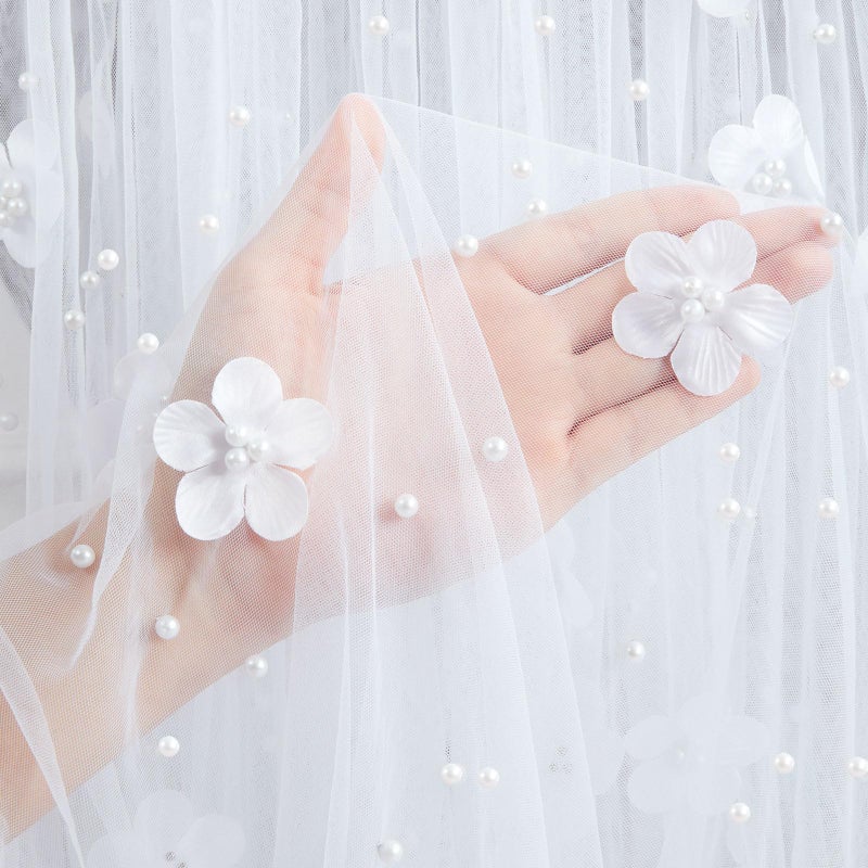 LuoluoHouse White Pearl Tulle Tablecloth: 10ft Flower Pearl Table Runner Tulle Fabric Wedding Lace Tablecloth Arch for Bridal Shower Veil Baby Shower Sweetheart Table Decorations - Image 3