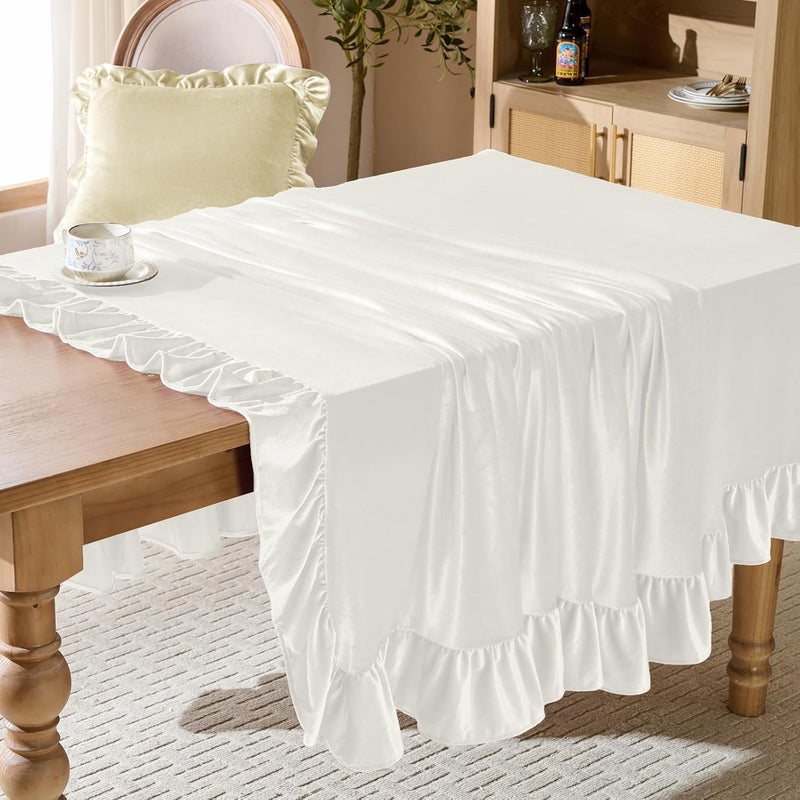 KKJIAF غطاء طاولة مستطيل من المخمل العاجي مقاس 60 × 84 بوصة، غطاء طاولة مستطيل ريفي كلاسيكي ذو حواف كشكشة قابل للغسل لحفلات الزفاف والولائم وحفلات استقبال المولود وديكور المطبخ - Image 3