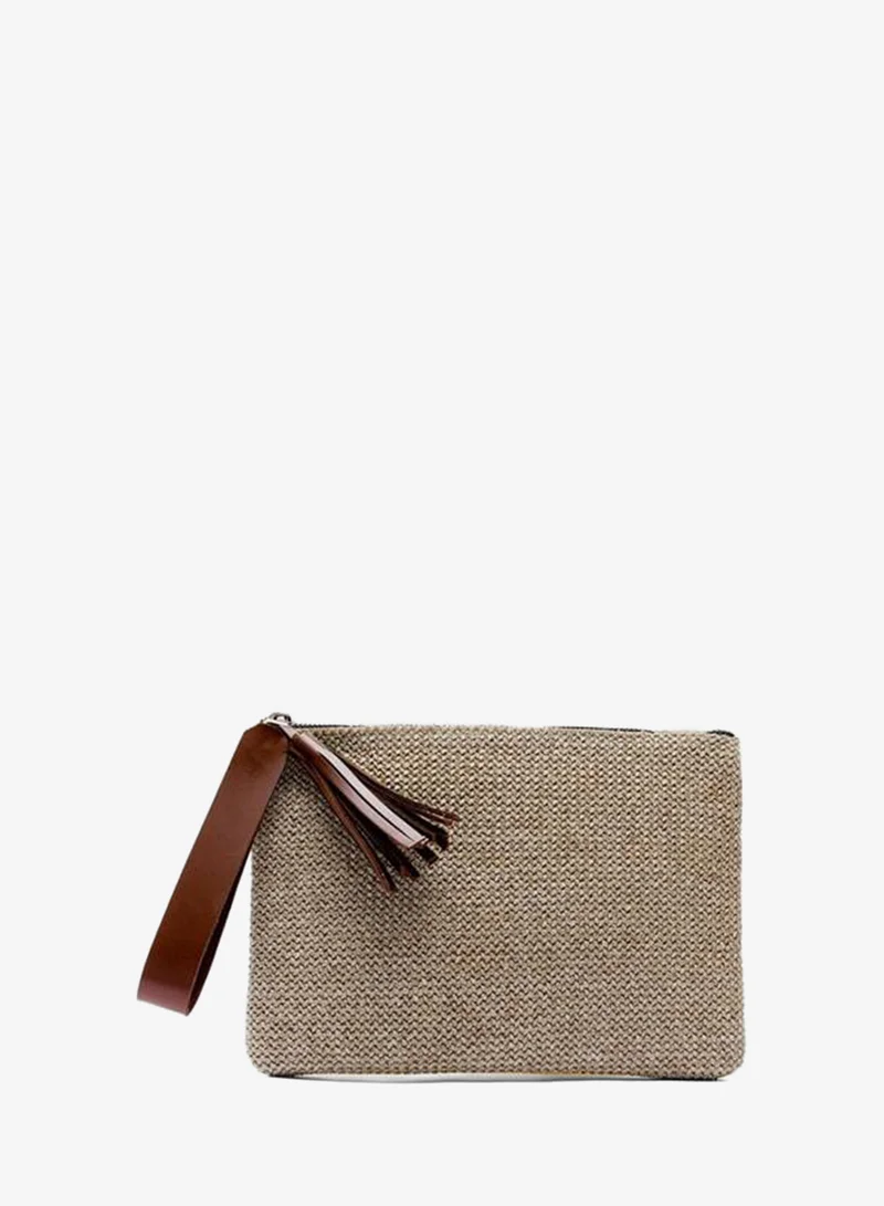 Juno Fringe-Detail Straw Clutch Bag.