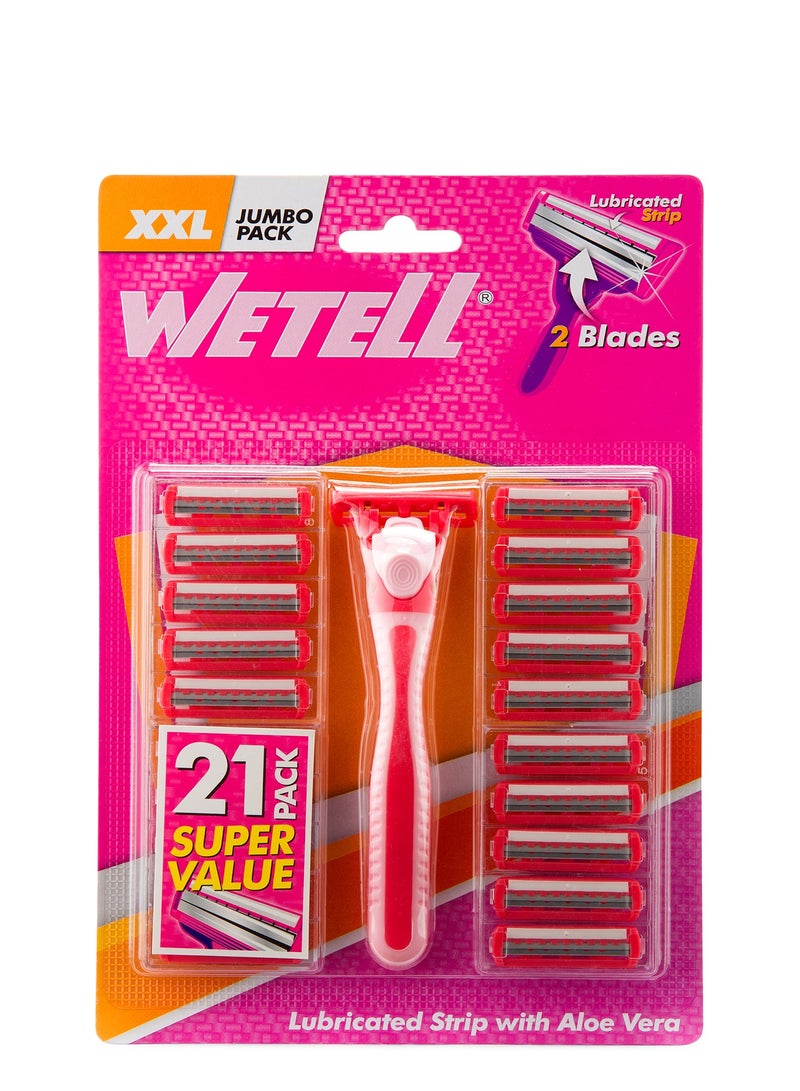 WETELL 21 Pack Pink Disposable Razors for Women – Twin Blade Shavers with Aloe Lubrication Strip – Smooth, Comfortable Shaving Razor – 1 Ergonomic Handle + 20 Refills – XXL Value Pack (4-Month Supply) - Image 1