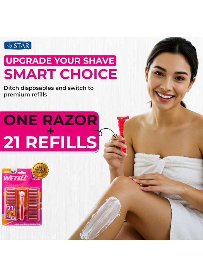 WETELL 21 Pack Pink Disposable Razors for Women – Twin Blade Shavers with Aloe Lubrication Strip – Smooth, Comfortable Shaving Razor – 1 Ergonomic Handle + 20 Refills – XXL Value Pack (4-Month Supply) - Image 5