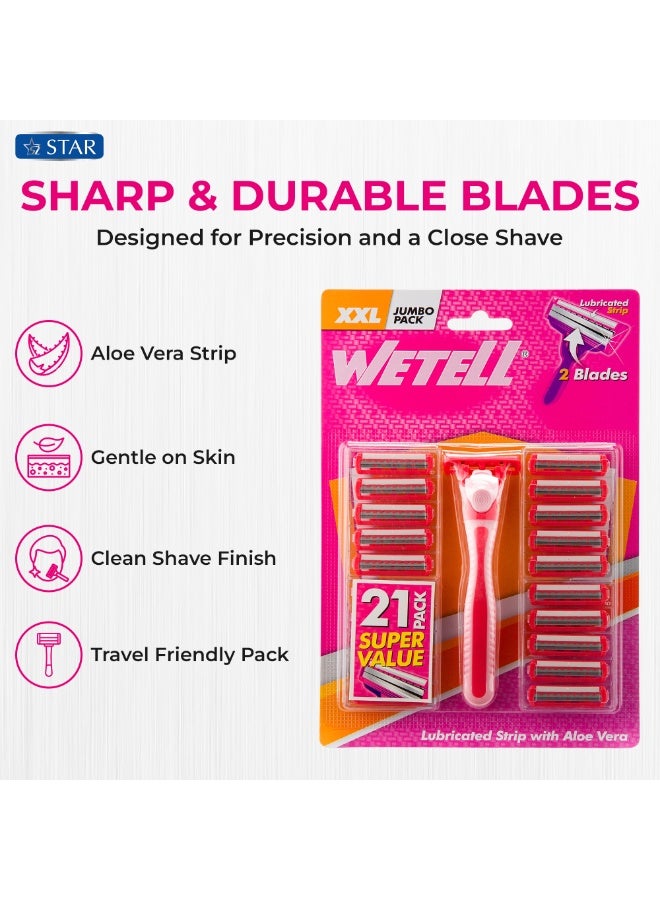 WETELL 21 Pack Pink Disposable Razors for Women – Twin Blade Shavers with Aloe Lubrication Strip – Smooth, Comfortable Shaving Razor – 1 Ergonomic Handle + 20 Refills – XXL Value Pack (4-Month Supply) - Image 2