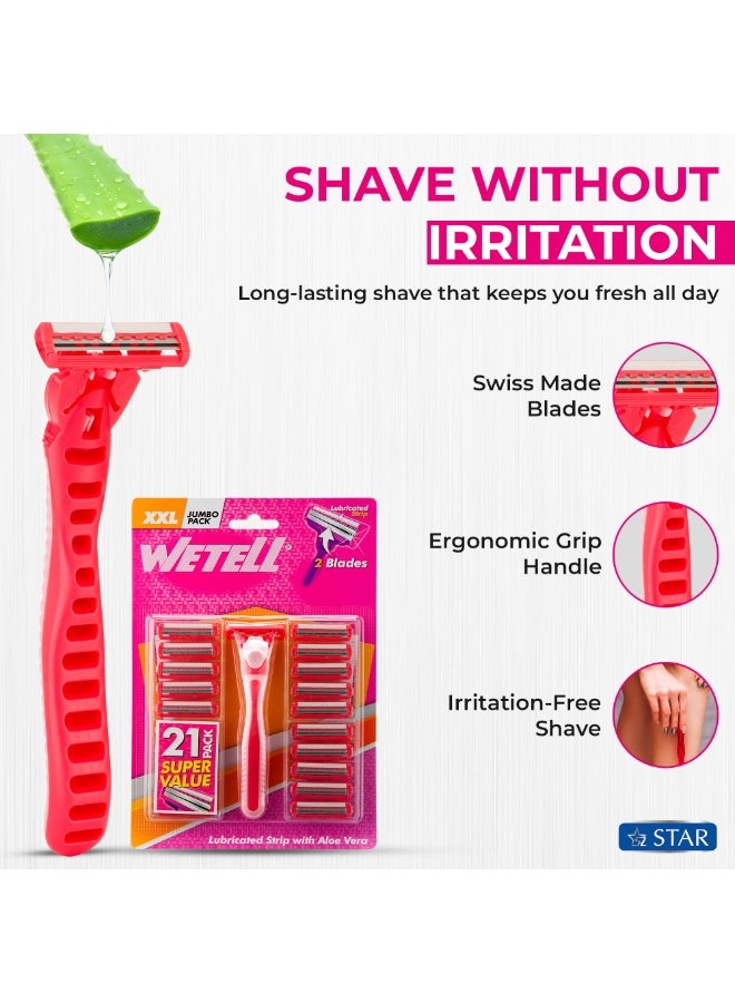 WETELL 21 Pack Pink Disposable Razors for Women – Twin Blade Shavers with Aloe Lubrication Strip – Smooth, Comfortable Shaving Razor – 1 Ergonomic Handle + 20 Refills – XXL Value Pack (4-Month Supply) - Image 3