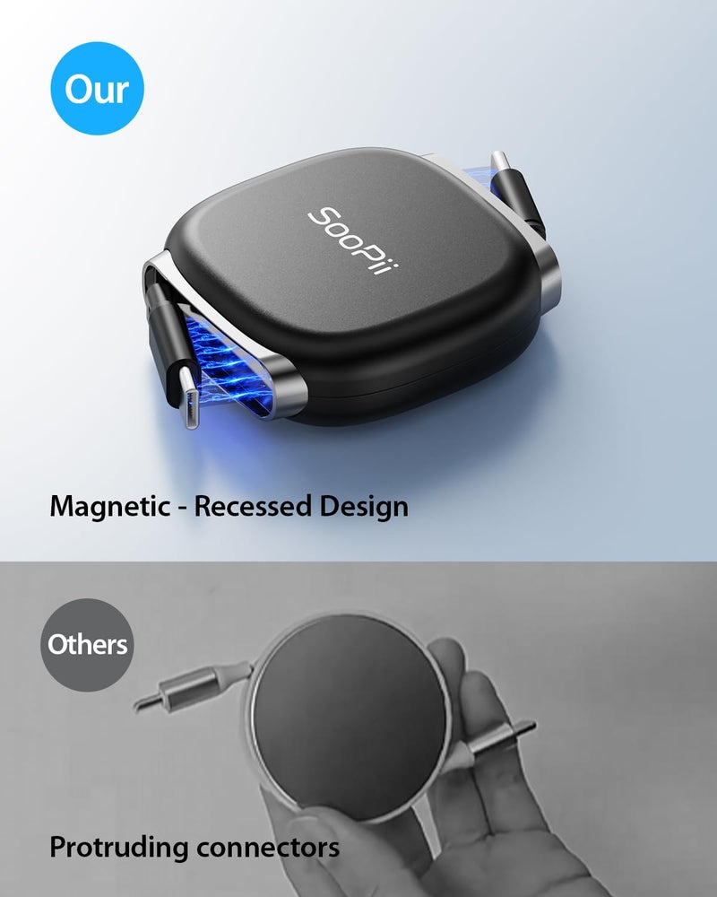 كابل SOOPII USB C إلى USB C، كابل شحن سريع USB C بقوة 240 واط قابل للسحب مع تخزين مغناطيسي، كابل Type C مع إعداد طول مسبق من 5 مراحل لـ iPhone 16/15 Pro Max، Galaxy S25/24 أسود (عبوة من قطعتين 3.3 قدم) - Image 4